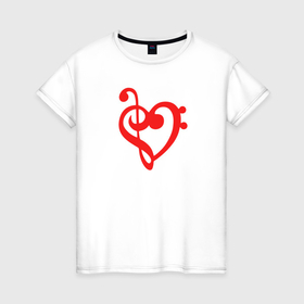 Женская футболка хлопок с принтом Сердце скрипичный и басовый ключи красное , 100% хлопок | прямой крой, круглый вырез горловины, длина до линии бедер, слегка спущенное плечо | любовь | музыка | музыкант | музыканты | нота | ноты | отношения | романтика | сердце | символ | символы