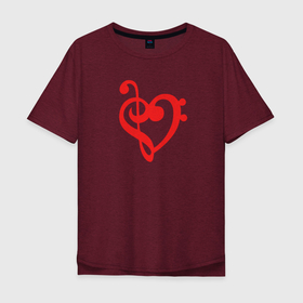 Мужская футболка хлопок Oversize с принтом Сердце Скрипичный и Басовый Ключи Красное в Курске, 100% хлопок | свободный крой, круглый ворот, “спинка” длиннее передней части | Тематика изображения на принте: любовь | музыка | музыкант | музыканты | нота | ноты | отношения | романтика | сердце | символ | символы