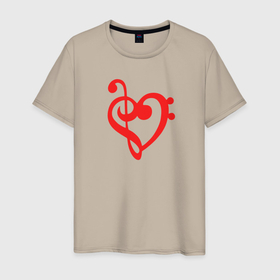 Мужская футболка хлопок с принтом Сердце Скрипичный и Басовый Ключи Красное в Курске, 100% хлопок | прямой крой, круглый вырез горловины, длина до линии бедер, слегка спущенное плечо. | любовь | музыка | музыкант | музыканты | нота | ноты | отношения | романтика | сердце | символ | символы