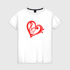 Женская футболка хлопок с принтом Скрипичный и басовый ключи красные в сердце в Курске, 100% хлопок | прямой крой, круглый вырез горловины, длина до линии бедер, слегка спущенное плечо | любовь | музыка | музыкант | музыканты | нота | ноты | отношения | романтика | сердце | символ | символы