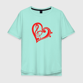 Мужская футболка хлопок Oversize с принтом Скрипичный и Басовый Ключи Красные в Сердце в Тюмени, 100% хлопок | свободный крой, круглый ворот, “спинка” длиннее передней части | любовь | музыка | музыкант | музыканты | нота | ноты | отношения | романтика | сердце | символ | символы