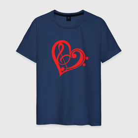Мужская футболка хлопок с принтом Скрипичный и Басовый Ключи Красные в Сердце в Тюмени, 100% хлопок | прямой крой, круглый вырез горловины, длина до линии бедер, слегка спущенное плечо. | любовь | музыка | музыкант | музыканты | нота | ноты | отношения | романтика | сердце | символ | символы