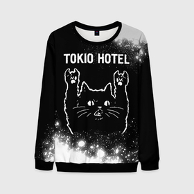 Мужской свитшот 3D с принтом Tokio Hotel   Rock Cat в Екатеринбурге, 100% полиэстер с мягким внутренним слоем | круглый вырез горловины, мягкая резинка на манжетах и поясе, свободная посадка по фигуре | band | hotel | metal | paint | rock | tokio | tokio hotel | брызги | группа | кот | краска | отель | рок | рок кот | токио