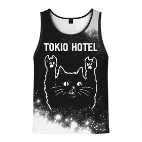 Мужская майка 3D с принтом Tokio Hotel   Rock Cat в Екатеринбурге, 100% полиэстер | круглая горловина, приталенный силуэт, длина до линии бедра. Пройма и горловина окантованы тонкой бейкой | band | hotel | metal | paint | rock | tokio | tokio hotel | брызги | группа | кот | краска | отель | рок | рок кот | токио