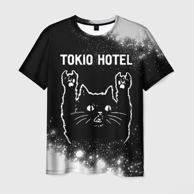 Мужская футболка 3D с принтом Tokio Hotel   Rock Cat в Тюмени, 100% полиэфир | прямой крой, круглый вырез горловины, длина до линии бедер | band | hotel | metal | paint | rock | tokio | tokio hotel | брызги | группа | кот | краска | отель | рок | рок кот | токио