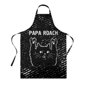 Фартук 3D с принтом Papa Roach   Rock Cat в Кировске, 100% полиэстер | общий размер — 65 х 85 см, ширина нагрудника — 26 см, горловина — 53 см, длина завязок — 54 см, общий обхват в поясе — 173 см. Принт на завязках и на горловине наносится с двух сторон, на основной части фартука — только с внешней стороны | band | metal | papa | papa roach | roach | rock | гранж | группа | кот | папа | рок | рок кот | роуч