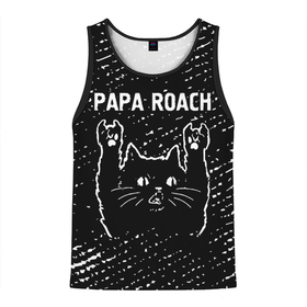 Мужская майка 3D с принтом Papa Roach   Rock Cat в Екатеринбурге, 100% полиэстер | круглая горловина, приталенный силуэт, длина до линии бедра. Пройма и горловина окантованы тонкой бейкой | band | metal | papa | papa roach | roach | rock | гранж | группа | кот | папа | рок | рок кот | роуч