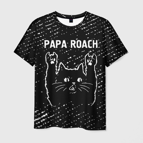 Мужская футболка 3D с принтом Papa Roach   Rock Cat в Санкт-Петербурге, 100% полиэфир | прямой крой, круглый вырез горловины, длина до линии бедер | band | metal | papa | papa roach | roach | rock | гранж | группа | кот | папа | рок | рок кот | роуч