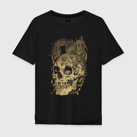 Мужская футболка хлопок Oversize с принтом Steampunk   Skull  Engine в Санкт-Петербурге, 100% хлопок | свободный крой, круглый ворот, “спинка” длиннее передней части | engine | jaw | metal | orbits | skull | steampunk | teeth | глазницы | двигатель | зубы | пасть | стимпанк | череп