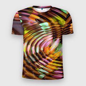 Мужская футболка 3D Slim с принтом Цветные круги на воде , 100% полиэстер с улучшенными характеристиками | приталенный силуэт, круглая горловина, широкие плечи, сужается к линии бедра | abstraction | circles | color | vanguard | wave | абстракция | авангард | волна | круги | цвет