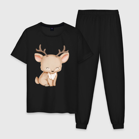 Мужская пижама хлопок с принтом Милый Оленёнок Сидит , 100% хлопок | брюки и футболка прямого кроя, без карманов, на брюках мягкая резинка на поясе и по низу штанин
 | animals | beast | cute | животные | звери | милый | оленёнок | олень