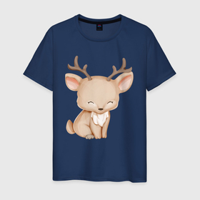 Мужская футболка хлопок с принтом Милый Оленёнок Сидит , 100% хлопок | прямой крой, круглый вырез горловины, длина до линии бедер, слегка спущенное плечо. | animals | beast | cute | животные | звери | милый | оленёнок | олень