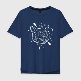 Мужская футболка хлопок Oversize с принтом Космический орущий meow кот   Space в Тюмени, 100% хлопок | свободный крой, круглый ворот, “спинка” длиннее передней части | cat | ears | eyes | fangs | jaw | kitten | lightning | moon | muzzle | planet | space | star | глаза | звезда | клыки | космос | кот | луна | молния | пасть | планета | уши