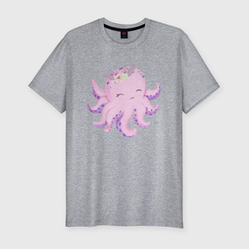 Мужская футболка хлопок Slim с принтом Милая Осьминожка С Цветами в Екатеринбурге, 92% хлопок, 8% лайкра | приталенный силуэт, круглый вырез ворота, длина до линии бедра, короткий рукав | animals | beast | cute | octopus | животные | звери | милый | осьминог | осьминожка