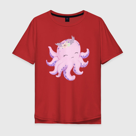 Мужская футболка хлопок Oversize с принтом Милая Осьминожка С Цветами в Екатеринбурге, 100% хлопок | свободный крой, круглый ворот, “спинка” длиннее передней части | animals | beast | cute | octopus | животные | звери | милый | осьминог | осьминожка
