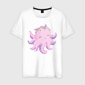 Мужская футболка хлопок с принтом Милая Осьминожка С Цветами в Екатеринбурге, 100% хлопок | прямой крой, круглый вырез горловины, длина до линии бедер, слегка спущенное плечо. | animals | beast | cute | octopus | животные | звери | милый | осьминог | осьминожка