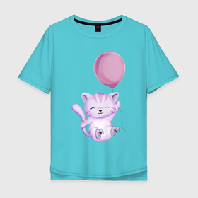 Мужская футболка хлопок Oversize с принтом Милый Котёнок Летит На Воздушном Шаре в Тюмени, 100% хлопок | свободный крой, круглый ворот, “спинка” длиннее передней части | animals | beast | cat | cute | животные | звери | кот | котёнок | милый
