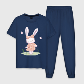 Мужская пижама хлопок с принтом Милый Крольчонок С Бантиком в Екатеринбурге, 100% хлопок | брюки и футболка прямого кроя, без карманов, на брюках мягкая резинка на поясе и по низу штанин
 | animals | beast | cute | hare | rabbit | животные | заяц | звери | кролик | крольчонок | милый