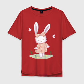 Мужская футболка хлопок Oversize с принтом Милый Крольчонок С Бантиком в Петрозаводске, 100% хлопок | свободный крой, круглый ворот, “спинка” длиннее передней части | animals | beast | cute | hare | rabbit | животные | заяц | звери | кролик | крольчонок | милый