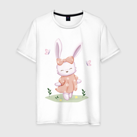 Мужская футболка хлопок с принтом Милый Крольчонок С Бантиком , 100% хлопок | прямой крой, круглый вырез горловины, длина до линии бедер, слегка спущенное плечо. | animals | beast | cute | hare | rabbit | животные | заяц | звери | кролик | крольчонок | милый