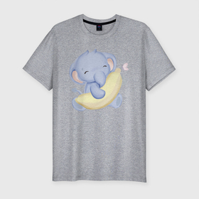 Мужская футболка хлопок Slim с принтом Милый Слонёнок С Бананом в Белгороде, 92% хлопок, 8% лайкра | приталенный силуэт, круглый вырез ворота, длина до линии бедра, короткий рукав | animals | beast | cute | животные | звери | милый | слон | слонёнок