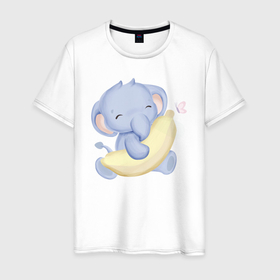 Мужская футболка хлопок с принтом Милый Слонёнок С Бананом в Екатеринбурге, 100% хлопок | прямой крой, круглый вырез горловины, длина до линии бедер, слегка спущенное плечо. | animals | beast | cute | животные | звери | милый | слон | слонёнок