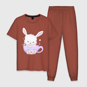Мужская пижама хлопок с принтом Милый Крольчонок Внутри Чашки в Екатеринбурге, 100% хлопок | брюки и футболка прямого кроя, без карманов, на брюках мягкая резинка на поясе и по низу штанин
 | animals | beast | cute | hare | rabbit | животные | заяц | звери | кролик | крольчонок | милый