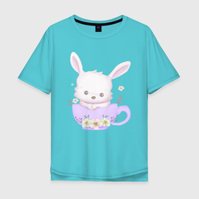 Мужская футболка хлопок Oversize с принтом Милый Крольчонок Внутри Чашки в Новосибирске, 100% хлопок | свободный крой, круглый ворот, “спинка” длиннее передней части | animals | beast | cute | hare | rabbit | животные | заяц | звери | кролик | крольчонок | милый