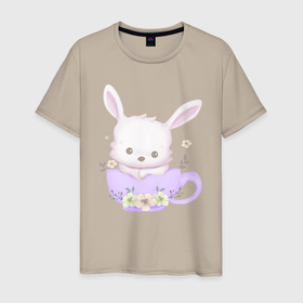 Мужская футболка хлопок с принтом Милый Крольчонок Внутри Чашки в Курске, 100% хлопок | прямой крой, круглый вырез горловины, длина до линии бедер, слегка спущенное плечо. | animals | beast | cute | hare | rabbit | животные | заяц | звери | кролик | крольчонок | милый