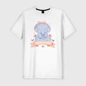 Мужская футболка хлопок Slim с принтом Милый Слонёнок Сидит С Цветами в Санкт-Петербурге, 92% хлопок, 8% лайкра | приталенный силуэт, круглый вырез ворота, длина до линии бедра, короткий рукав | animals | beast | cute | животные | звери | милый | слон | слонёнок