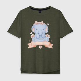 Мужская футболка хлопок Oversize с принтом Милый Слонёнок Сидит С Цветами в Белгороде, 100% хлопок | свободный крой, круглый ворот, “спинка” длиннее передней части | Тематика изображения на принте: animals | beast | cute | животные | звери | милый | слон | слонёнок