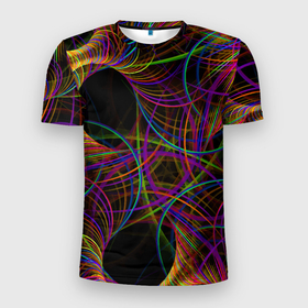 Мужская футболка 3D Slim с принтом Deep black space and wormholes в Белгороде, 100% полиэстер с улучшенными характеристиками | приталенный силуэт, круглая горловина, широкие плечи, сужается к линии бедра | abstraction | fashion | neon | pattern | vanguard | абстракция | авангард | мода | неон | узор