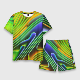 Мужской костюм с шортами 3D с принтом Цветные неоновые полосы  Абстракция  Color neon pattern  Abstraction ,  |  | abstraction | bending | color | neon | pattern | stripe | wave | абстракция | волна | изгиб | неон | полоса | цвет