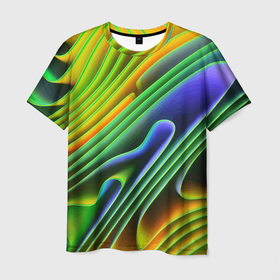 Мужская футболка 3D с принтом Цветные неоновые полосы   Абстракция   Color neon pattern   Abstraction , 100% полиэфир | прямой крой, круглый вырез горловины, длина до линии бедер | Тематика изображения на принте: abstraction | bending | color | neon | pattern | stripe | wave | абстракция | волна | изгиб | неон | полоса | цвет