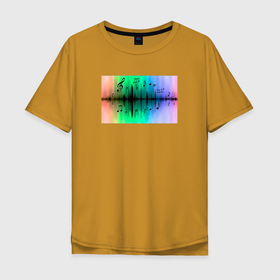 Мужская футболка хлопок Oversize с принтом Звуковая Дорожка Градиент в Тюмени, 100% хлопок | свободный крой, круглый ворот, “спинка” длиннее передней части | audio | gradient | line | music | musical | noise | notes | player | sound | track | waves | аудио | волны | градиент | дорожка | звуковая | линия | музыка | музыкальная | музыкальные | ноты | проигрыватель | шум