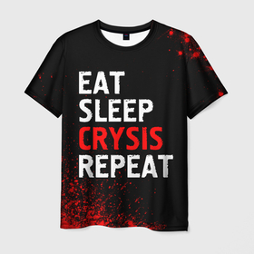 Мужская футболка 3D с принтом Eat Sleep Crysis Repeat   Краска в Новосибирске, 100% полиэфир | прямой крой, круглый вырез горловины, длина до линии бедер | crysis | eat sleep crysis repeat | logo | игра | игры | крайзис | краска | краски | кризис | лого | логотип | символ