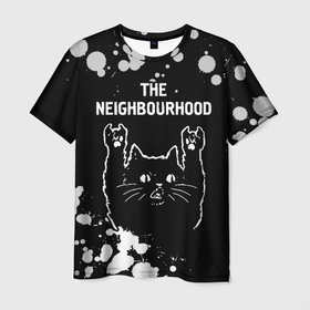 Мужская футболка 3D с принтом The Neighbourhood   Rock Cat в Екатеринбурге, 100% полиэфир | прямой крой, круглый вырез горловины, длина до линии бедер | band | metal | neighbourhood | paint | rock | the | the neighbourhood | брызги | группа | кот | краска | нэйборхуд | рок | рок кот