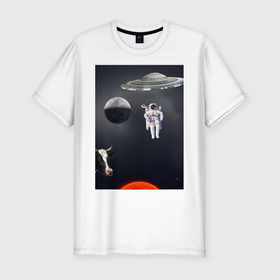Мужская футболка хлопок Slim с принтом Космический бред в Курске, 92% хлопок, 8% лайкра | приталенный силуэт, круглый вырез ворота, длина до линии бедра, короткий рукав | корова | космолет. | космонавт | космос | луна | солнце