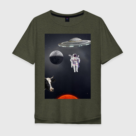 Мужская футболка хлопок Oversize с принтом Космический бред в Курске, 100% хлопок | свободный крой, круглый ворот, “спинка” длиннее передней части | корова | космолет. | космонавт | космос | луна | солнце