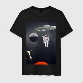 Мужская футболка хлопок с принтом Космический бред в Курске, 100% хлопок | прямой крой, круглый вырез горловины, длина до линии бедер, слегка спущенное плечо. | корова | космолет. | космонавт | космос | луна | солнце