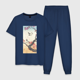 Мужская пижама хлопок с принтом Two Great Tits at Blossoming Tree в Тюмени, 100% хлопок | брюки и футболка прямого кроя, без карманов, на брюках мягкая резинка на поясе и по низу штанин
 | Тематика изображения на принте: japan | ohara koson | искусство | картины | культура японии | охара косон | синица | япония | японская | японская анимация | японская культура | японская эстетика | японский стиль