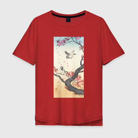 Мужская футболка хлопок Oversize с принтом Two Great Tits at Blossoming Tree в Тюмени, 100% хлопок | свободный крой, круглый ворот, “спинка” длиннее передней части | japan | ohara koson | искусство | картины | культура японии | охара косон | синица | япония | японская | японская анимация | японская культура | японская эстетика | японский стиль