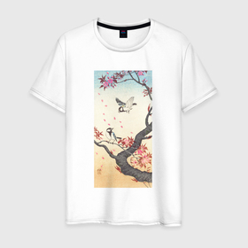 Мужская футболка хлопок с принтом Two Great Tits at Blossoming Tree , 100% хлопок | прямой крой, круглый вырез горловины, длина до линии бедер, слегка спущенное плечо. | japan | ohara koson | искусство | картины | культура японии | охара косон | синица | япония | японская | японская анимация | японская культура | японская эстетика | японский стиль