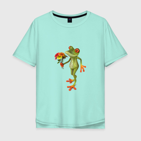 Мужская футболка хлопок Oversize с принтом ЛЯГУШОНОК С БУКЕТОМ ЦВЕТОВ , 100% хлопок | свободный крой, круглый ворот, “спинка” длиннее передней части | Тематика изображения на принте: букет | животное | забавный | зеленый | лягушка | милый | цветы
