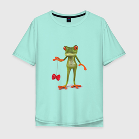 Мужская футболка хлопок Oversize с принтом ЛЯГУШОНОК С ИГРУШКОЙ ЙО ЙО , 100% хлопок | свободный крой, круглый ворот, “спинка” длиннее передней части | амфибия | животное | забавный | зеленый | игрушка | йо йо | лягушка | милая | очаровательные