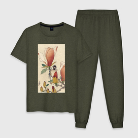 Мужская пижама хлопок с принтом Sparrow on Blooming Magnolia Branch в Тюмени, 100% хлопок | брюки и футболка прямого кроя, без карманов, на брюках мягкая резинка на поясе и по низу штанин
 | japan | ohara koson | воробей | искусство | картины | культура японии | охара косон | япония | японская | японская анимация | японская культура | японская эстетика | японский стиль