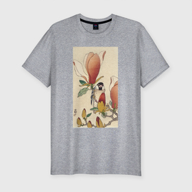 Мужская футболка хлопок Slim с принтом Sparrow on Blooming Magnolia Branch в Новосибирске, 92% хлопок, 8% лайкра | приталенный силуэт, круглый вырез ворота, длина до линии бедра, короткий рукав | japan | ohara koson | воробей | искусство | картины | культура японии | охара косон | япония | японская | японская анимация | японская культура | японская эстетика | японский стиль