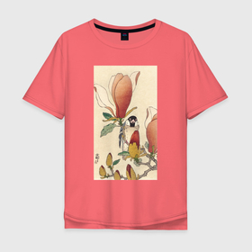 Мужская футболка хлопок Oversize с принтом Sparrow on Blooming Magnolia Branch в Кировске, 100% хлопок | свободный крой, круглый ворот, “спинка” длиннее передней части | japan | ohara koson | воробей | искусство | картины | культура японии | охара косон | япония | японская | японская анимация | японская культура | японская эстетика | японский стиль