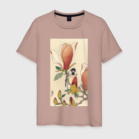 Мужская футболка хлопок с принтом Sparrow on Blooming Magnolia Branch в Курске, 100% хлопок | прямой крой, круглый вырез горловины, длина до линии бедер, слегка спущенное плечо. | japan | ohara koson | воробей | искусство | картины | культура японии | охара косон | япония | японская | японская анимация | японская культура | японская эстетика | японский стиль