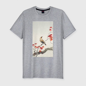 Мужская футболка хлопок Slim с принтом Japanese Plague Bird on Maple в Курске, 92% хлопок, 8% лайкра | приталенный силуэт, круглый вырез ворота, длина до линии бедра, короткий рукав | japan | ohara koson | искусство | картины | культура японии | охара косон | птицы | япония | японская | японская анимация | японская культура | японская эстетика | японский стиль